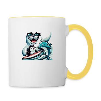 Lustige Tiere Seehund Delfin und Pinguin - Tasse zweifarbig - Weiß/Gelb - Rechts