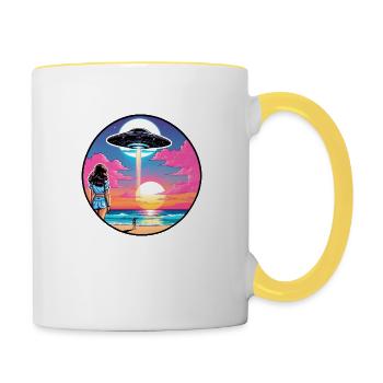 Two women at the beach are looking at a UFO. - Contrasting Mug - white/yellow - Right
