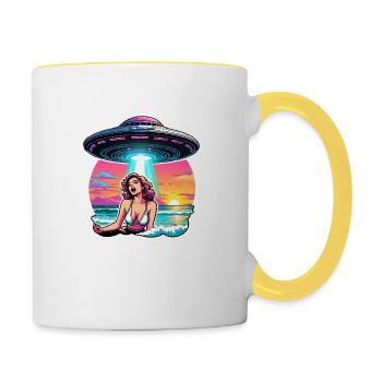 Une fille de plage effrayée a peur des OVNIS. - Mug contrasté - blanc/jaune - Droite