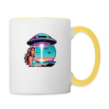 La femme est choquée par l’apparition d’OVNI. - Mug contrasté - blanc/jaune - Droite