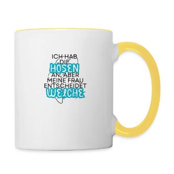 Wer hat die Hosen an - Tasse zweifarbig - Weiß/Gelb - Rechts