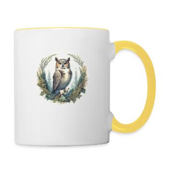 Great Horned Owl Juniper Tree - Contrasting Mug - white/yellow - Right