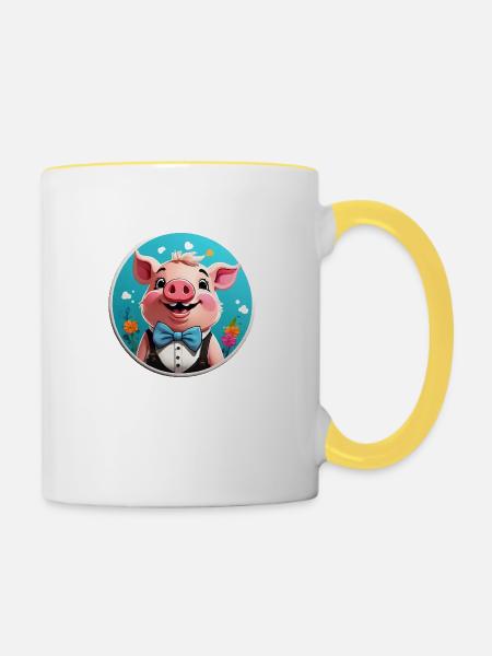 Lustiges Schwein Comic - Tasse zweifarbig - Weiß/Gelb