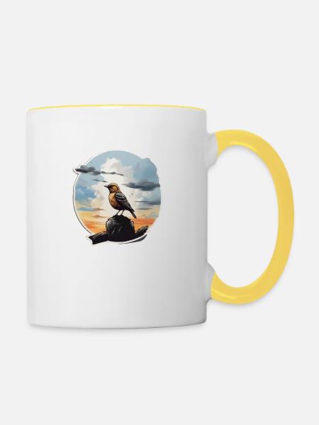 Landschaft Gemälde mit Vogel - Tasse zweifarbig - Weiß/Gelb