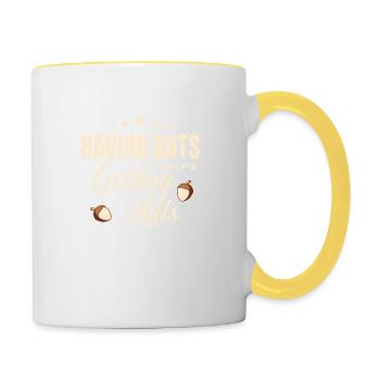 Lustiger Spruch - Having guts helps getting nuts - Contrasting Mug - white/yellow - Right