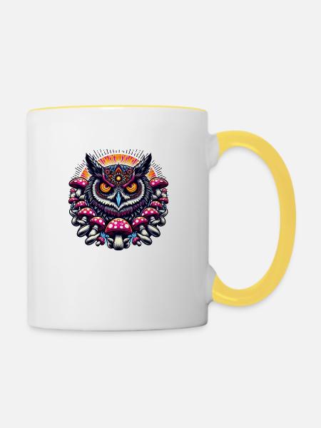 Bunte Eule mit Pilzen - Tasse zweifarbig - Weiß/Gelb