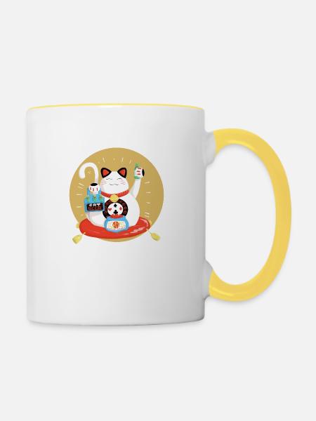 Maneki neko feiert - Tasse zweifarbig - Weiß/Gelb
