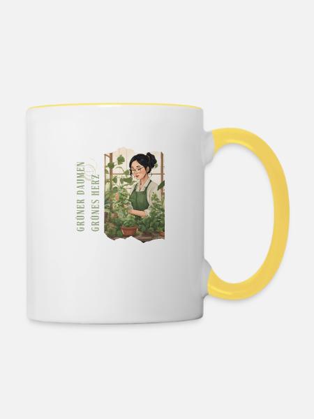 Grüner Daumen Grünes Herz - Tasse zweifarbig - Weiß/Gelb