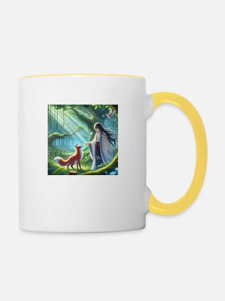 Frau mit Fuchs Animestyle - Tasse zweifarbig - Weiß/Gelb