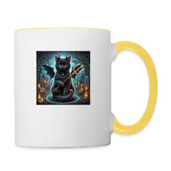 Böse geflügelte schwarze Katze halloween - Tasse zweifarbig - Weiß/Gelb - Rechts