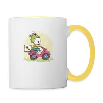 Niedlicher Hase auf einem Roller - Tasse zweifarbig - Weiß/Gelb - Rechts