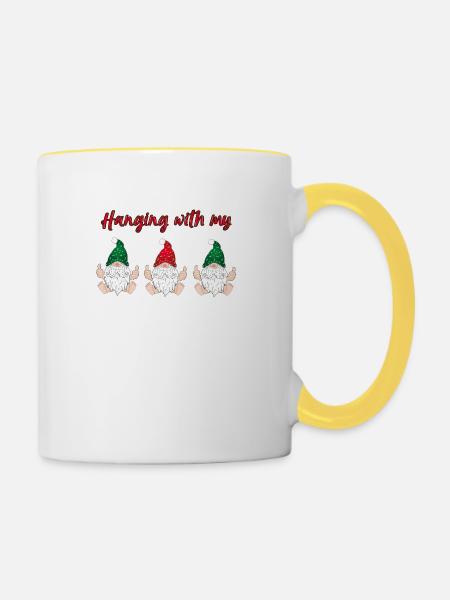 11905 hanging gnomies child dwarfs - Contrasting Mug - white/yellow