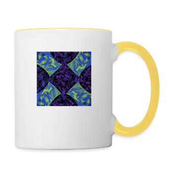 Abstraktes symmetrisches Design mit lila Blumen - Tasse zweifarbig - Weiß/Gelb - Rechts