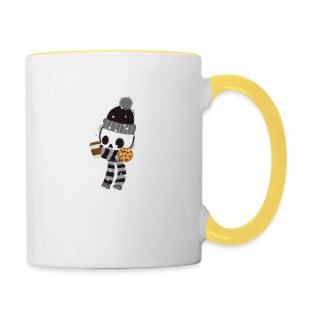 Shivering skeleton with coffee and cookie in snow - Contrasting Mug - white/yellow - Right