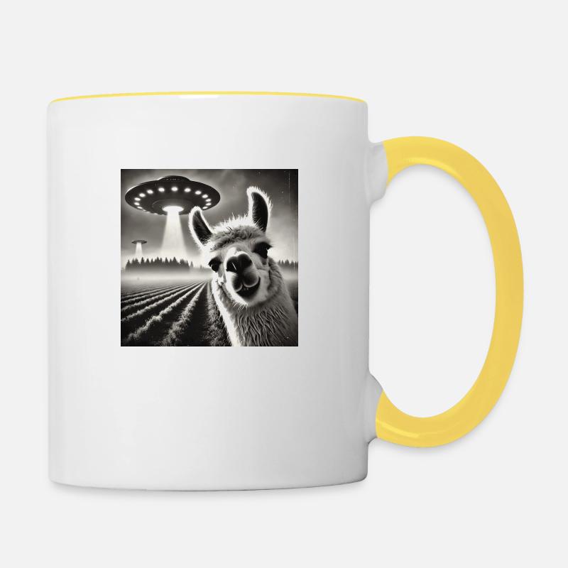 Funny Llama Alpaca UFO Selfie Alien - Contrasting Mug - white/yellow