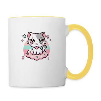 Chat de style kawaii - Mug contrasté - blanc/jaune - Droite