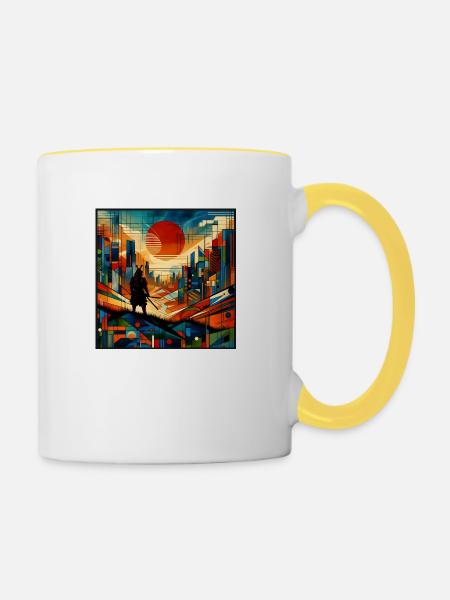 Samurai vor roter Sonne - Tasse zweifarbig - Weiß/Gelb