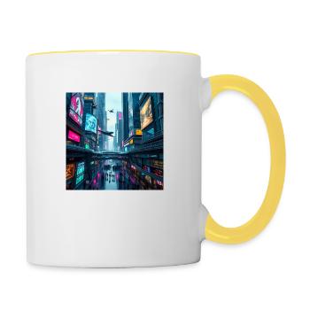 Paysage urbain futuriste au néon : une vision vibrante - Mug contrasté - blanc/jaune - Droite