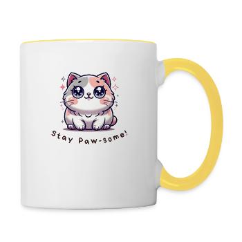 Stay Paw-some – Lustiges Katzen Shirt - Tasse zweifarbig - Weiß/Gelb - Rechts