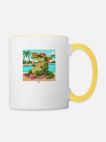 Krokodil am Pool mit Longdrink - Tasse zweifarbig - Weiß/Gelb