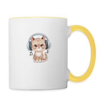 Cute Cat with Doodle Headphones - Contrasting Mug - white/yellow - Right