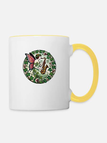 Saxophon Fee - Tasse zweifarbig - Weiß/Gelb