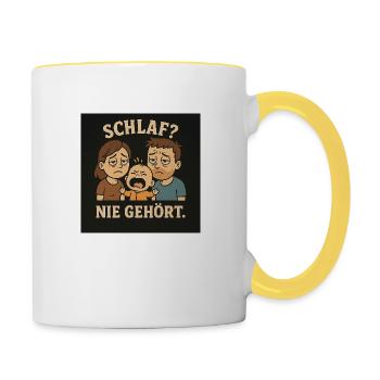"Schlaf? Nie gehört. – Lustiges Eltern-Baby-Design - Tasse zweifarbig - Weiß/Gelb - Rechts
