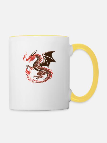 Roter Drache - Fantasy Kunst - Tasse zweifarbig - Weiß/Gelb
