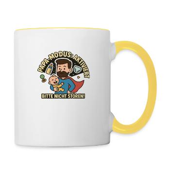 Papa-Modus Aktiviert – Superhelden Papa mit Baby - Tasse zweifarbig - Weiß/Gelb - Rechts