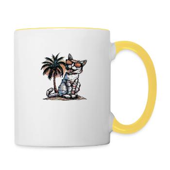 Katze Insel Palme - Tasse zweifarbig - Weiß/Gelb - Rechts
