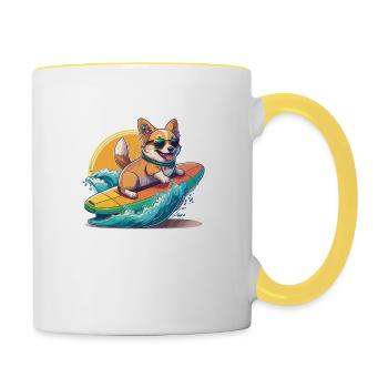 Sweet Corgi Surfs - Vacances d’été tropicales - Mug contrasté - blanc/jaune - Droite