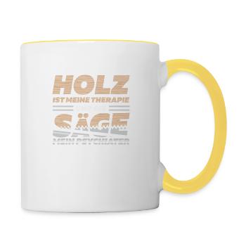 Holz Therapie Säge Psychiater Kettensäge Holz - Tasse zweifarbig - Weiß/Gelb - Rechts