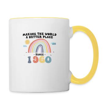 Making The World Better Place Since 1960, Cute - Contrasting Mug - white/yellow - Right