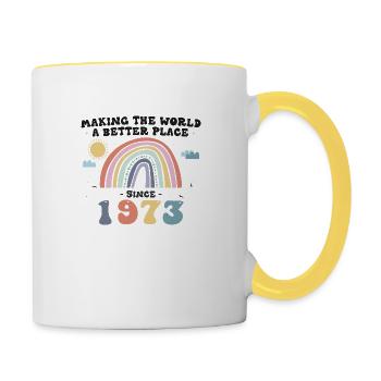 Die Welt zu einem besseren Ort machen seit 1973, 50. - Tasse zweifarbig - Weiß/Gelb - Rechts