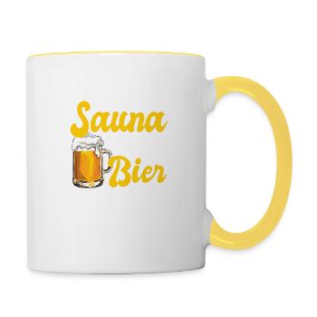 Sauna und Bier - Saunieren - Spruch - Tasse zweifarbig - Weiß/Gelb - Rechts