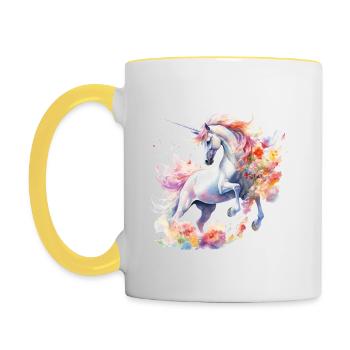 Einhorn mit Blumen, Unicorn with Flowers - Tasse zweifarbig - Weiß/Gelb - Links