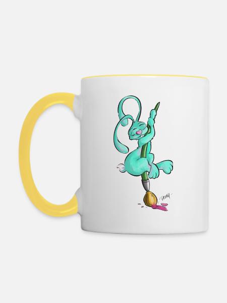 Zeichnerbunny mit Pinsel - Tasse zweifarbig - Weiß/Gelb