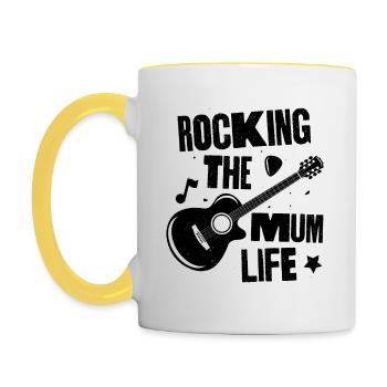 Das Mama-Leben rocken - Tasse zweifarbig - Weiß/Gelb - Links