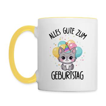Alles Gute Zum Geburtstag süße Katze Luftballons - Tasse zweifarbig - Weiß/Gelb - Links