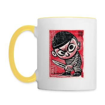 Bande dessinée gangster sur timbre-poste - Mug contrasté - blanc/jaune - Gauche