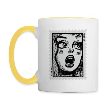 Comic Woman in Shock – Pop Art Postage Stamp - Contrasting Mug - white/yellow - Left