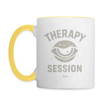 Cartoon Auge mit Schriftzug Therapie Session - Tasse zweifarbig - Weiß/Gelb - Links