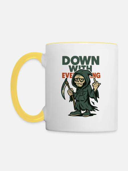 Sensenmann zeigt Mittelfinger mit Text - Tasse zweifarbig - Weiß/Gelb