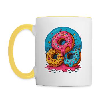 Trois beignets colorés avec glaçage et pépites - Mug contrasté - blanc/jaune - Gauche