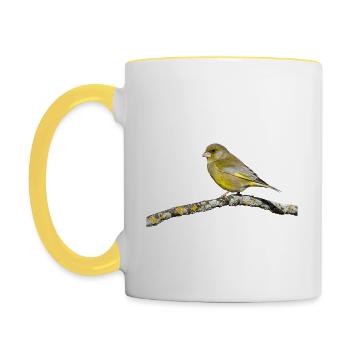 Grünfink auf Ast - Tasse zweifarbig - Weiß/Gelb - Links