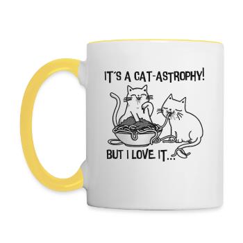Spaghetti Cats - Deux chats s'amusent avec des pâtes - Mug contrasté - blanc/jaune - Gauche