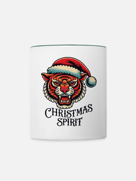Weihnachtsgeist Tiger Tattoo Aesthetic - Tasse zweifarbig - Weiß/Dunkelgrün