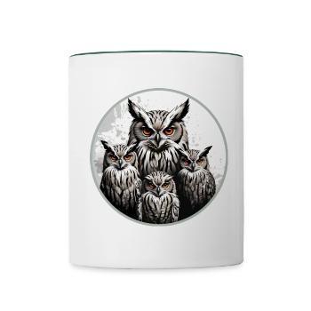 Owl Family - Graphic Owl Motif with Four Eagle Owls - Contrasting Mug - white/dark green - Front
