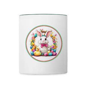 Cute easter bunny in easter basket with little chick - Contrasting Mug - white/dark green - Front