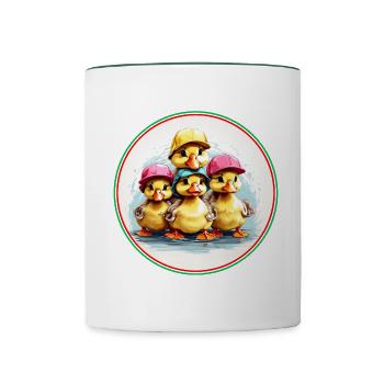 Lustige Entenküken mit bunten Kappen - Tasse zweifarbig - Weiß/Dunkelgrün - Vorne